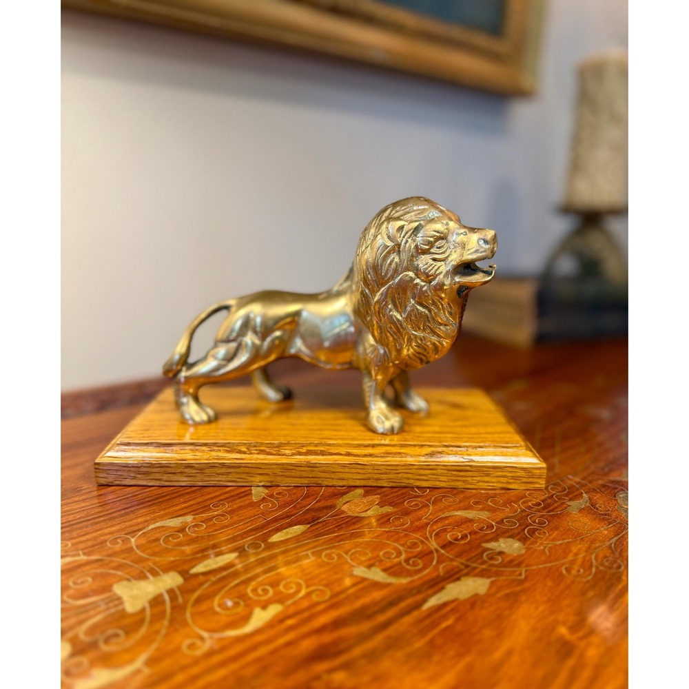 Vintage Brass Lion Sculpture on Oak Base • Regal Lion Figure Paperweight Decor